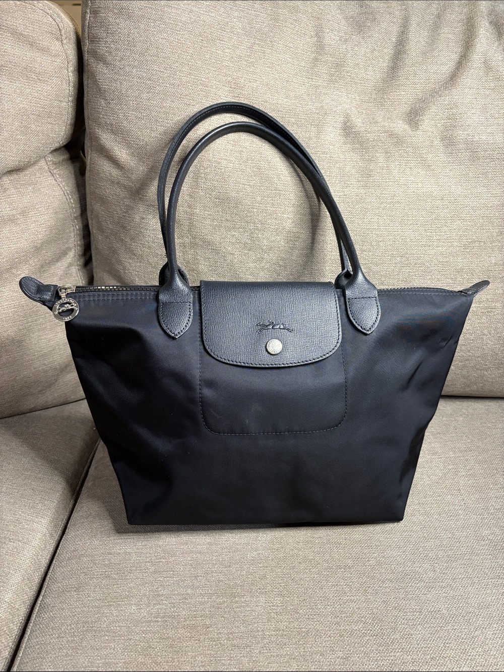 Longchamp Le Pliage Néo Black Nylon Leather Trim Tote Bag + COA